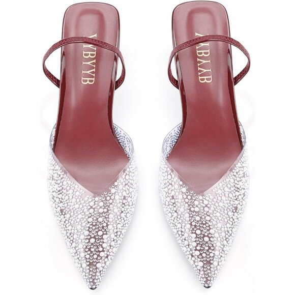 Women's Kitten Rhinestone Pointed Toe Pumps Slingback Heels Dress Shoes - Picture 3 of 7